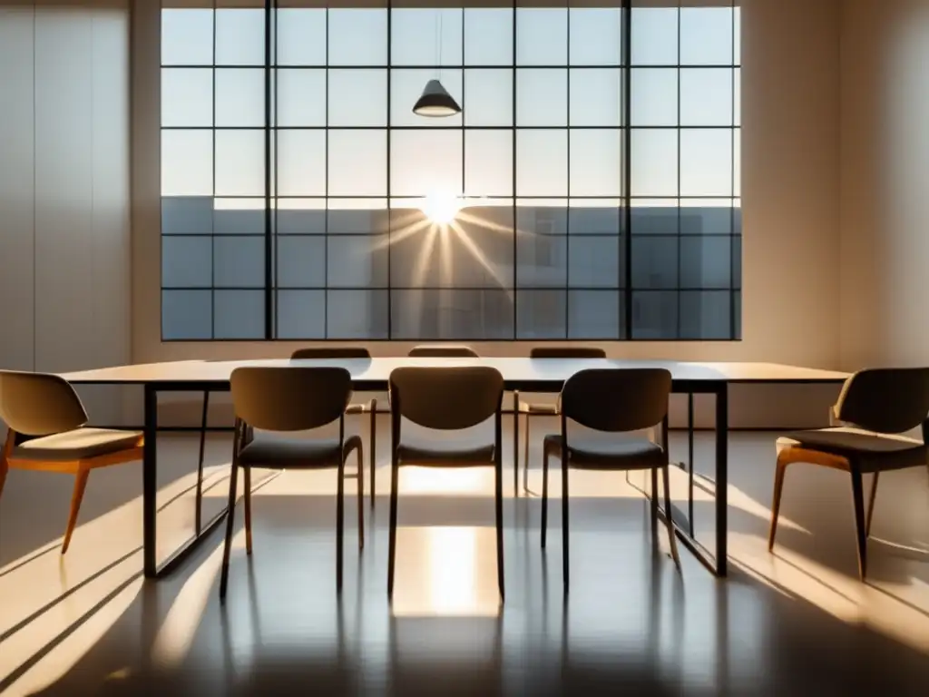 Iluminación dorada en aula minimalista Transformación educativa en comunidades de bajos ingresos: luz dorada ilumina aula minimalista con muebles ergonómicos y libros