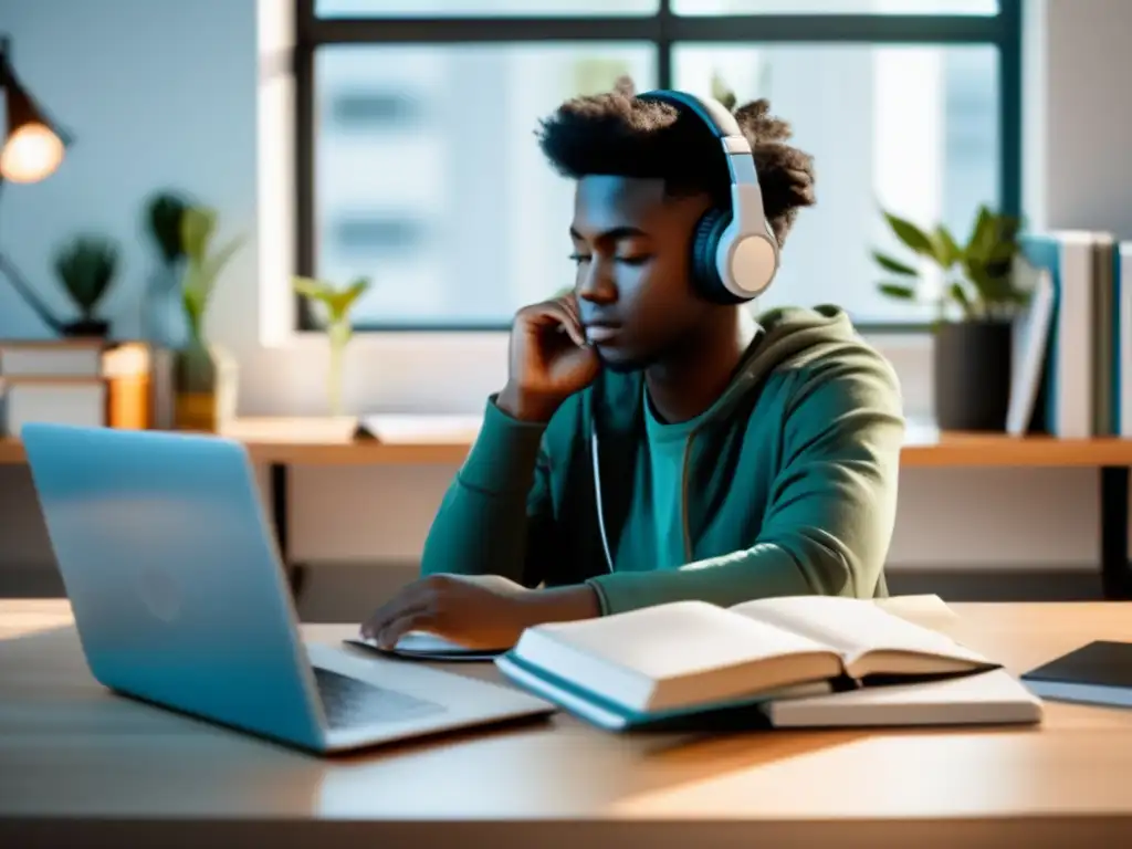 Estudiante enfocado en su escritorio organizado Preparación efectiva para exámenes de admisión universitarios en Europa