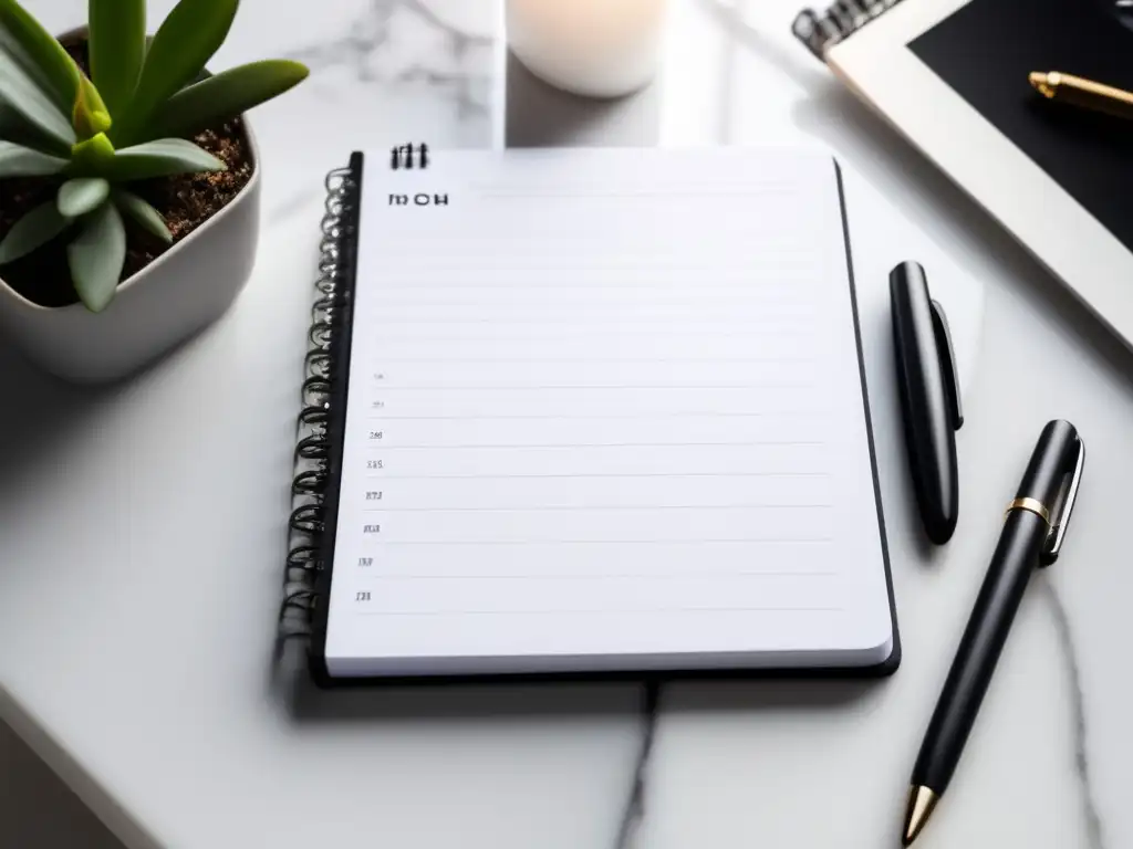 Escritorio minimalista con notas organizadas Preparación efectiva para exámenes universitarios: Escritorio minimalista con superficie de mármol blanco, cuaderno abierto y notas organizadas