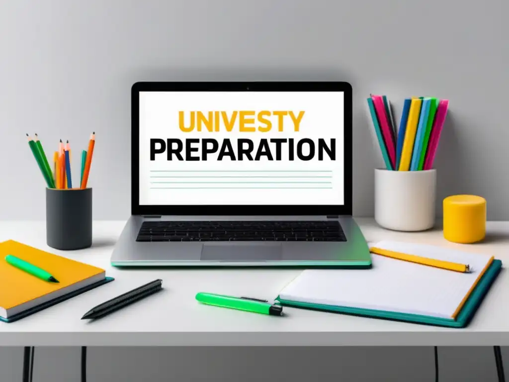 Preparación efectiva para exámenes universitarios Preparación efectiva para exámenes universitarios en un escritorio minimalista y moderno con herramientas de estudio y una laptop organizada