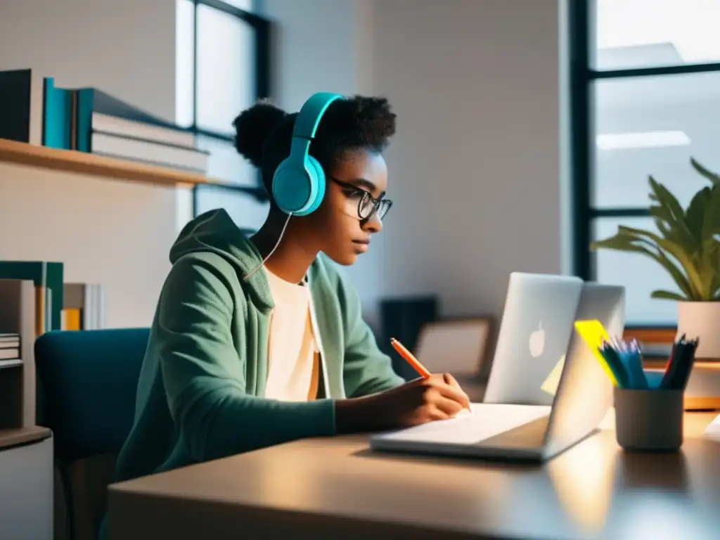 Estudiante concentrado en escritorio organizado Preparación efectiva para exámenes universitarios