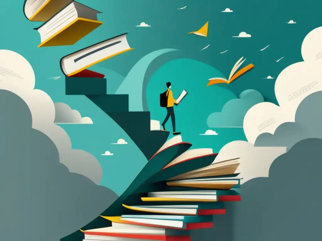 Persona ascendiendo hacia la perfección Efectos del perfeccionismo en la salud mental universitaria - Persona en escalera con libros flotantes y papel, luchando por la perfección