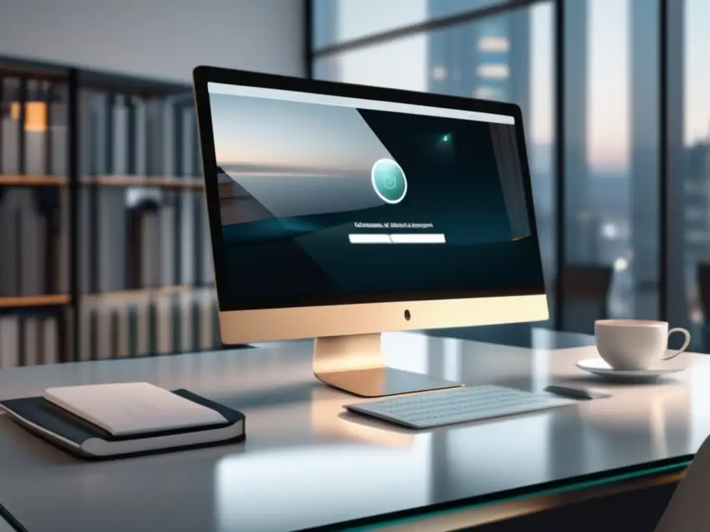 Espacio de trabajo minimalista y eficiente Gestión eficiente de fuentes y citas en un espacio de trabajo moderno y organizado con vista a una biblioteca tranquila