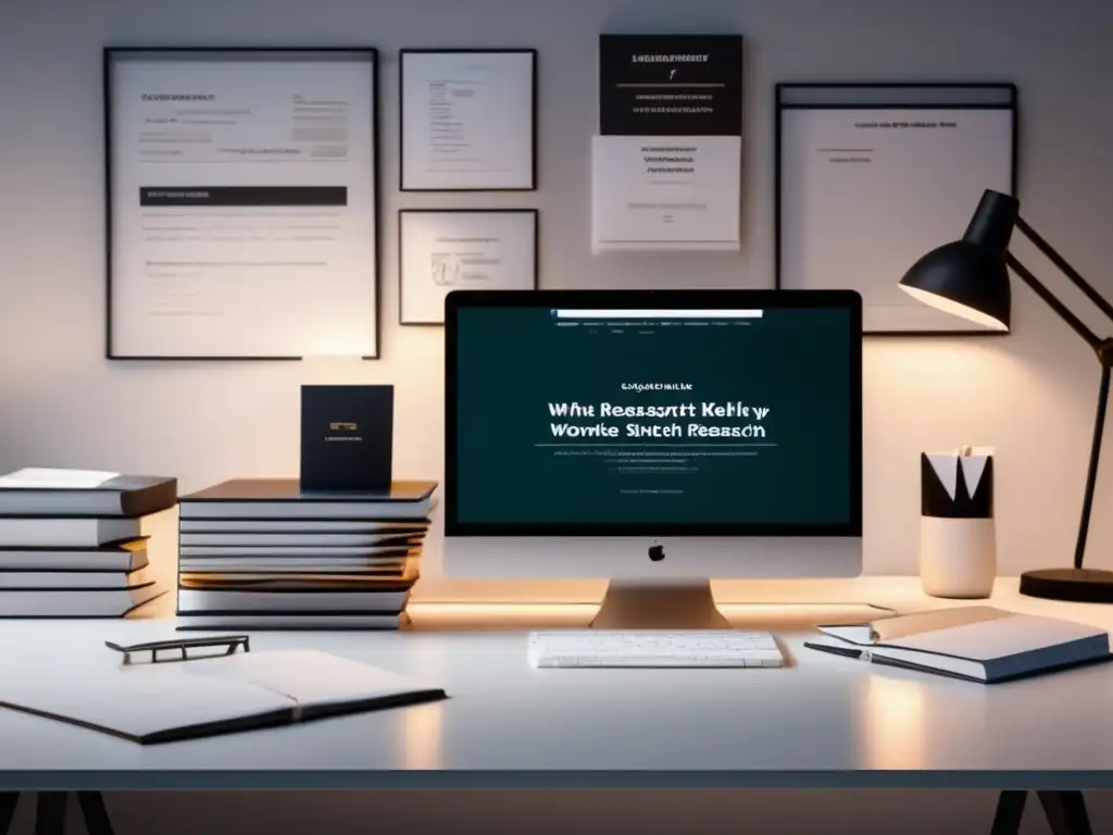 Espacio de trabajo organizado y eficiente Gestión eficiente de fuentes y citas en un espacio de trabajo minimalista con escritorio moderno, libros organizados, laptop y tarjetas de citas