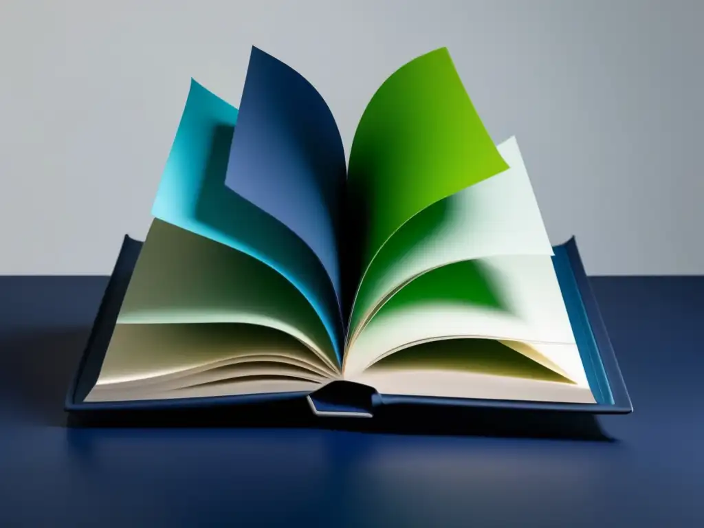 Libro abierto en azul marino con páginas vibrantes y gafas plateadas Ejemplos de ensayos universitarios exitosos: libro abierto con páginas coloridas, gafas plateadas y luz iluminando