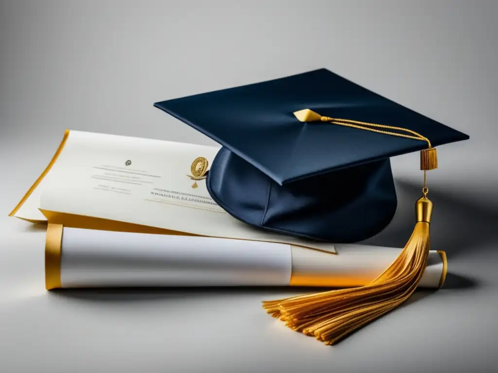 Diploma y birrete de graduación elegantes Graduación elegante con capelo y diploma en fondo blanco