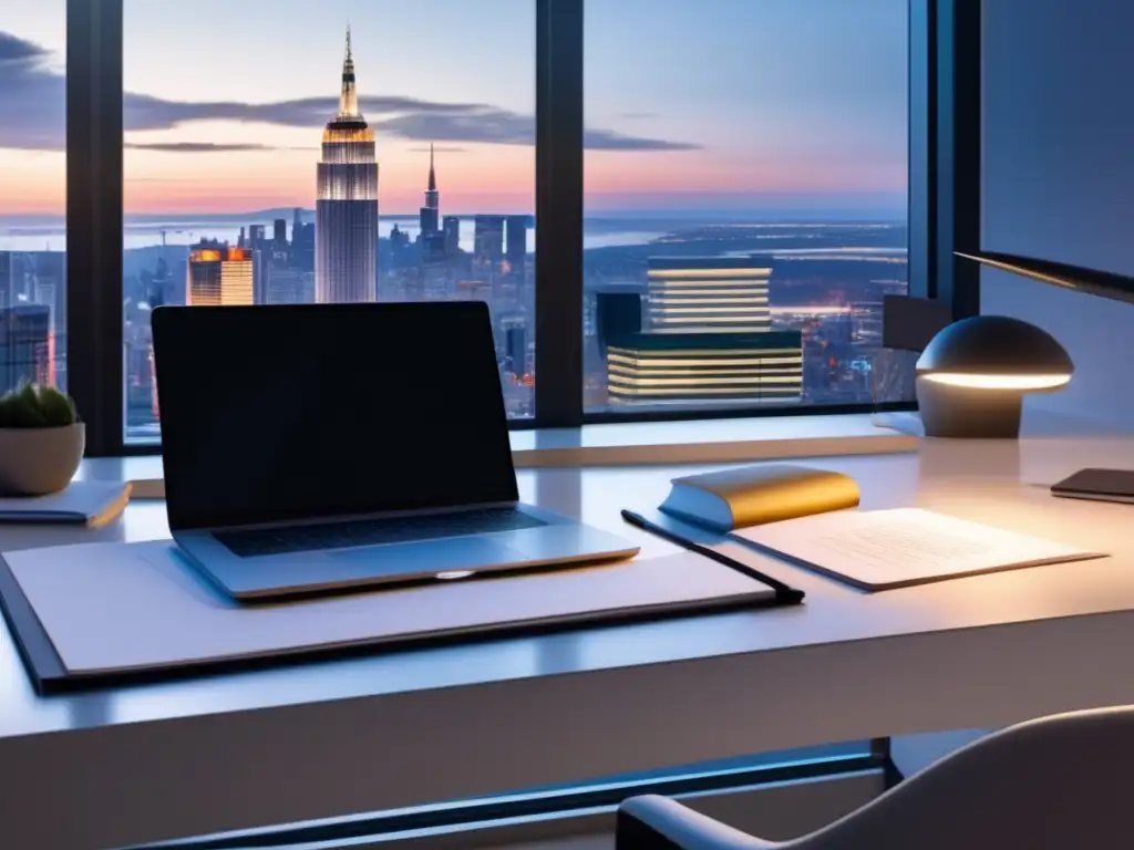 Espacio de trabajo minimalista con vista a la ciudad Elegante espacio de trabajo con vista a la ciudad al anochecer, mostrando oportunidades en el proceso de admisiones
