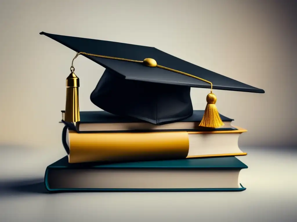Elegante gorro de graduación sobre libros Graduación elegante con gorro negro y libros, programas de perdón préstamos estudiantiles