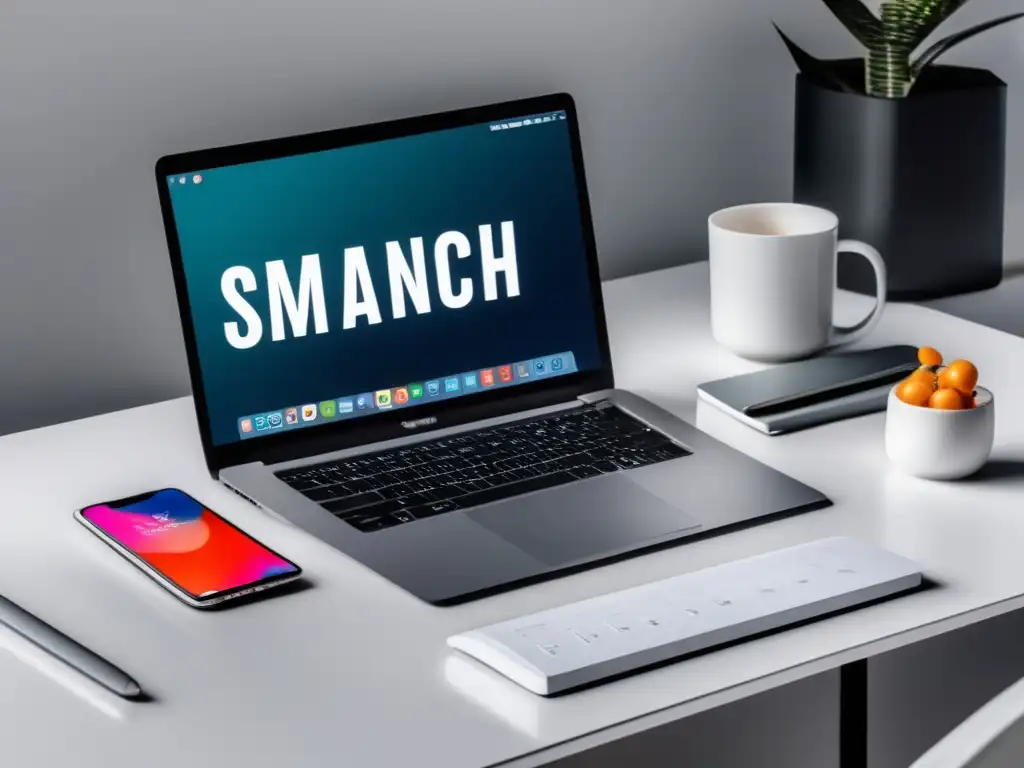 Escritorio minimalista con laptop, snack y silla ergonómica Mejorar enfoque ingreso universitario: Escritorio moderno, limpio y minimalista con laptop, merienda saludable y silla ergonómica