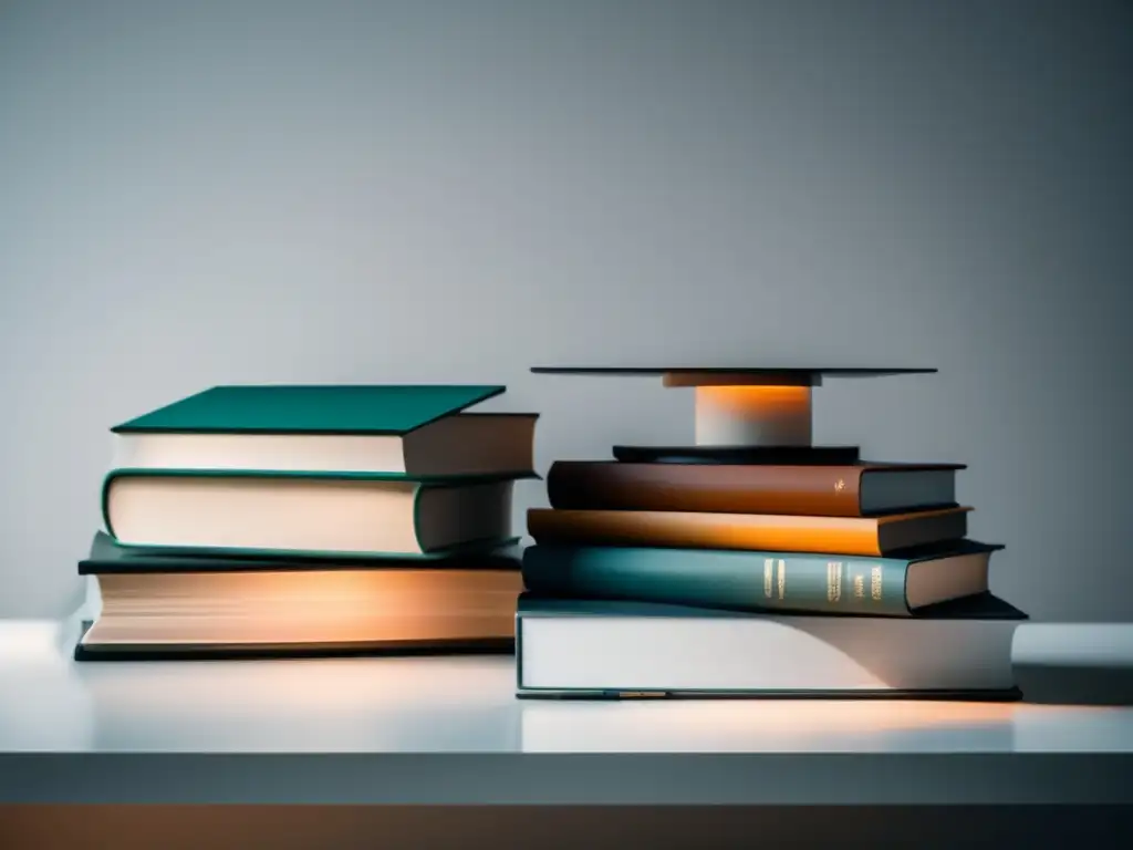 Organización y conocimiento Ensayo admisión universitaria: Pasos clave - Libros organizados en un escritorio blanco, representando conocimiento y disciplinas académicas