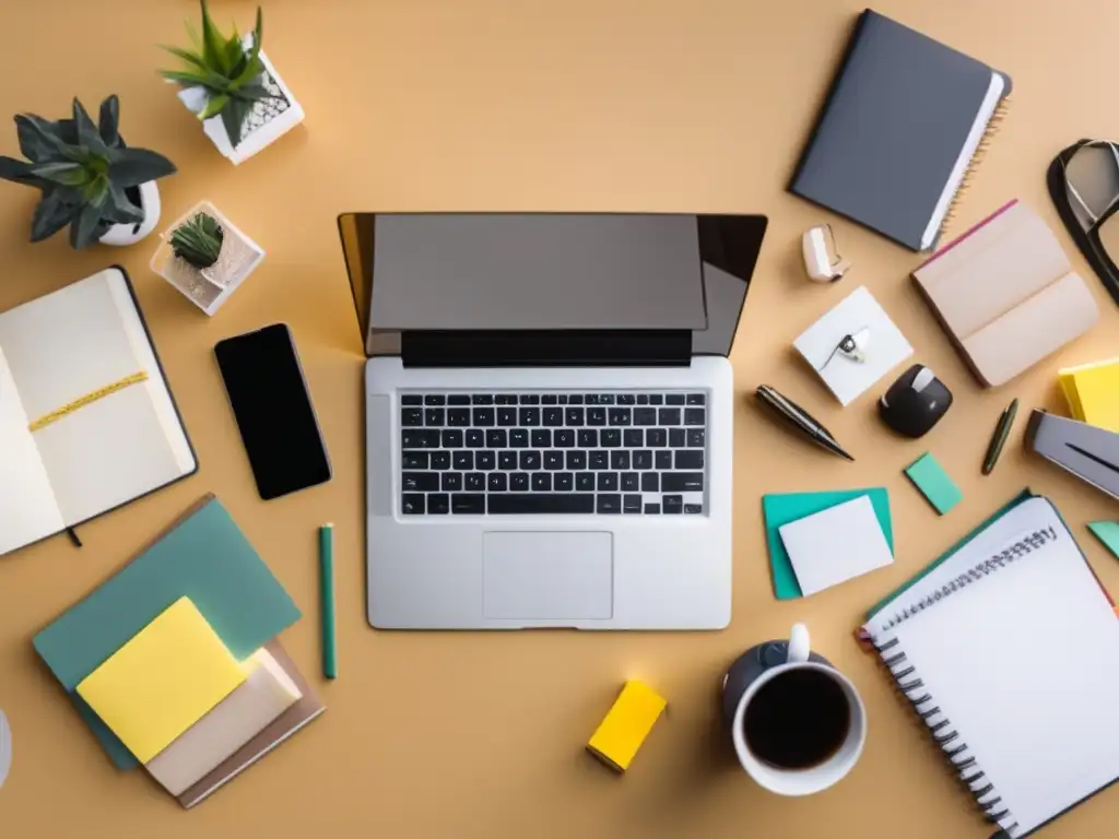 Escritorio organizado para mejorar ensayos Mejorar ensayo admisión universitaria: persona en escritorio con laptop rodeada de herramientas y recursos para el proceso de escritura