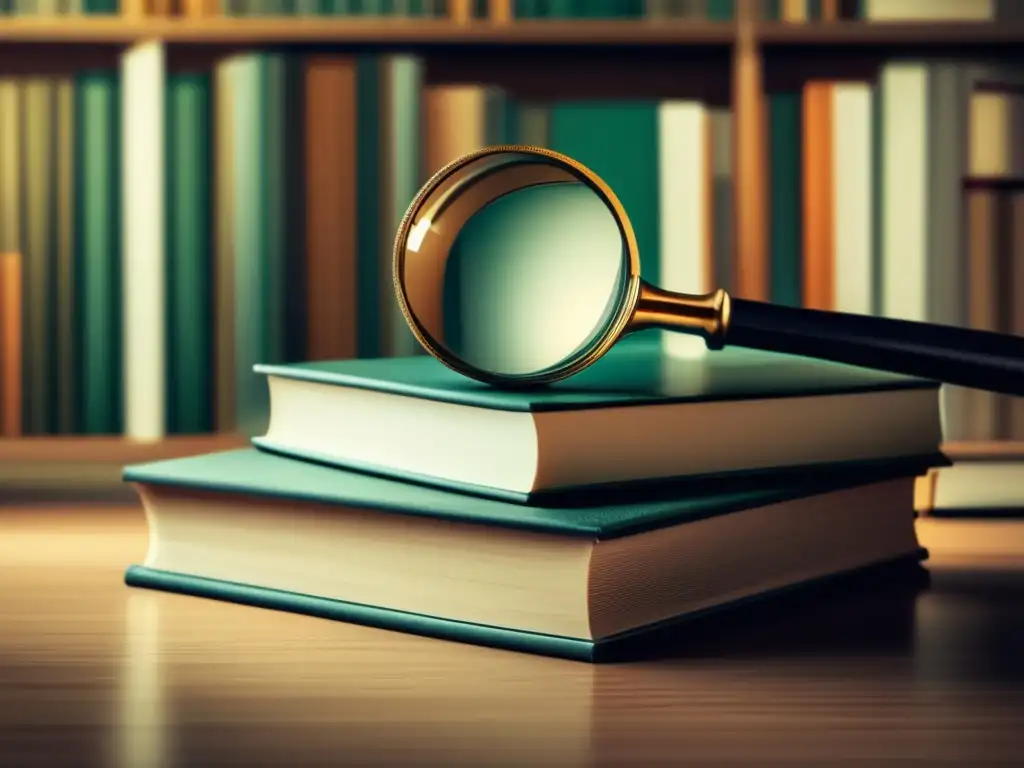 Libros ordenados con lupa, simbolizando conocimiento y examen detallado Ensayo universitario de calidad - Pila de libros con lupa, representando conocimiento y examen detallado