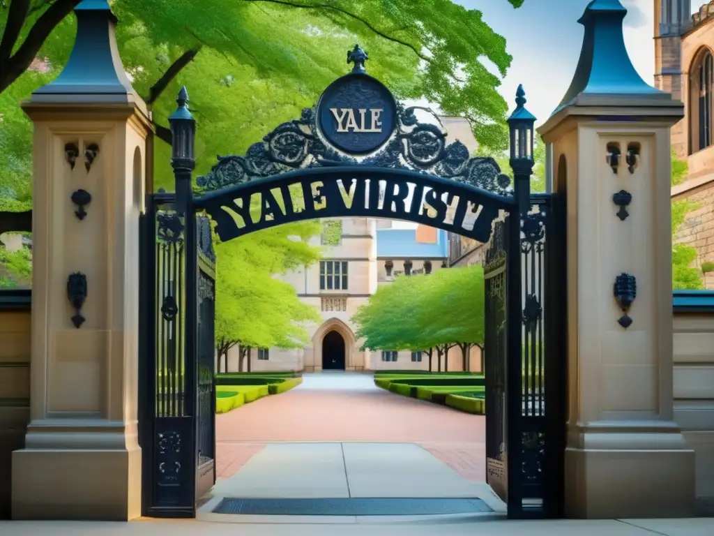 Entrada icónica de Yale: elegancia y prestigio en una imagen moderna Entrada icónica de la Universidad de Yale, elegante y moderna, con puerta de hierro forjado, diseños intrincados y nombre de la universidad grabado