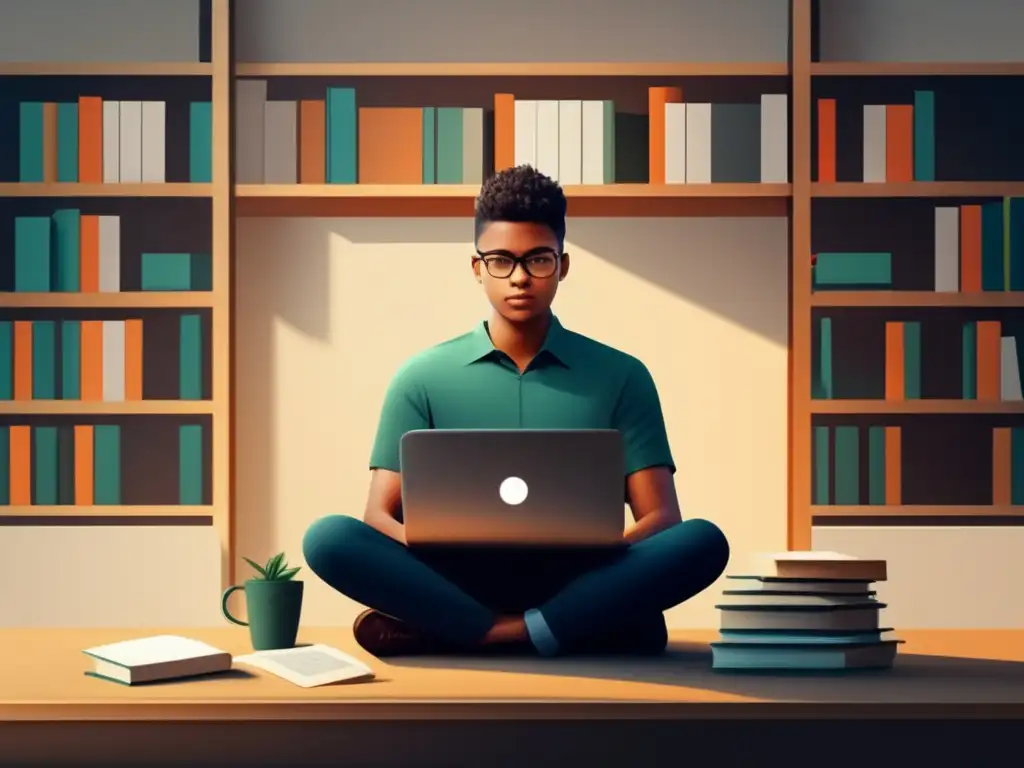 Estudiante listo para entrevista universitaria Preparación entrevista universitaria exitosa - Estudiante concentrado rodeado de libros y un laptop en una habitación bien iluminada
