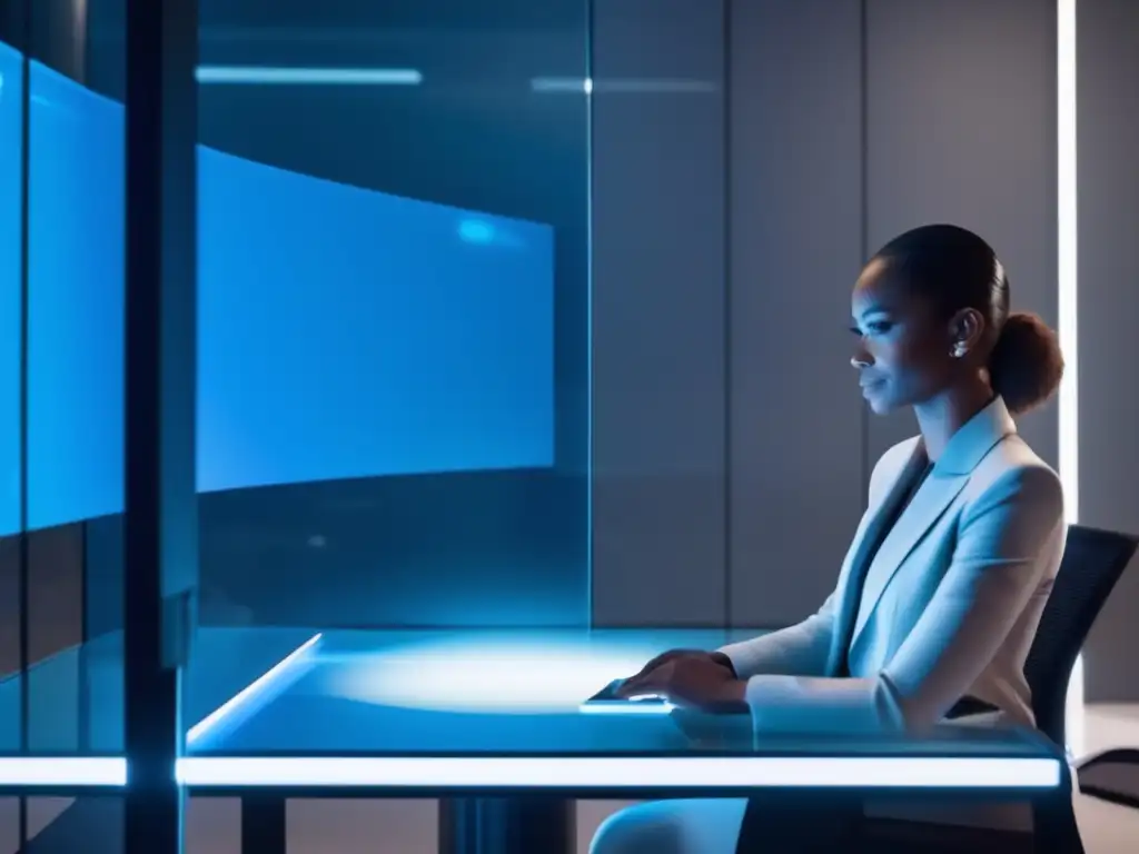 Entrevista virtual AI de alta tecnología Entrevista virtual con IA: Sala minimalista, iluminación suave, panel de vidrio futurista, avatar humanoide, tecnología avanzada
