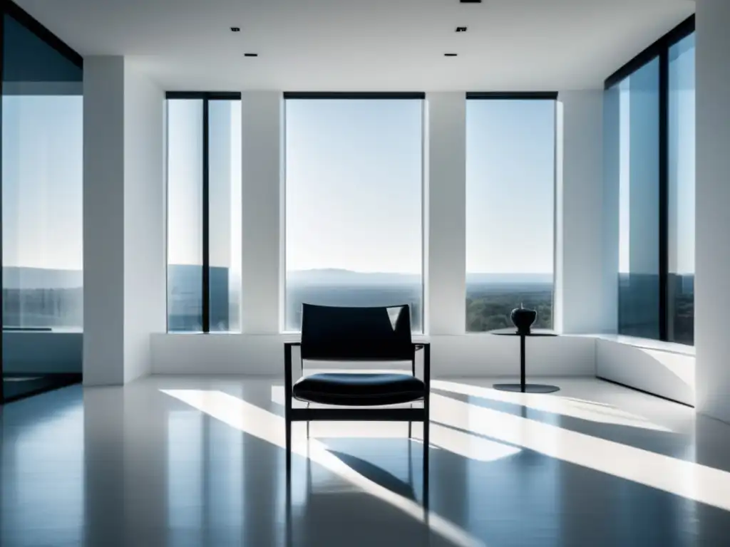 Sala minimalista con silla negra Preparación entrevistas arte: habitación blanca minimalista, ventanales, silla negra moderna, sombras dramáticas