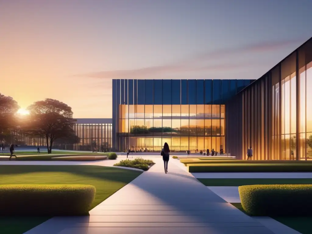 Campus universitario al atardecer Preparación entrevistas universidades internacionales - Campus universitario al atardecer con arquitectura moderna y paisajes verdes