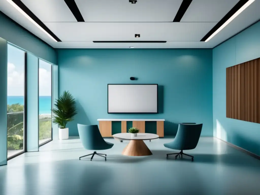 Sala de entrevistas moderna y acogedora Entrevistas universidades caribeñas: sala moderna y acogedora con mesa blanca, sillas ergonómicas y arte minimalista en tono azul pálido