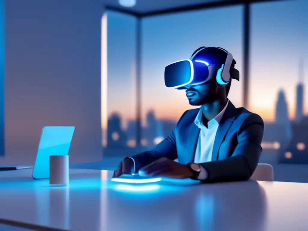 Entrevista virtual con auriculares de realidad virtual Entrevistas Virtuales con IA: Futurista imagen de una mesa blanca con un auricular de realidad virtual iluminado en azul, simbolizando la eficiencia y avance tecnológico en las entrevistas universitarias