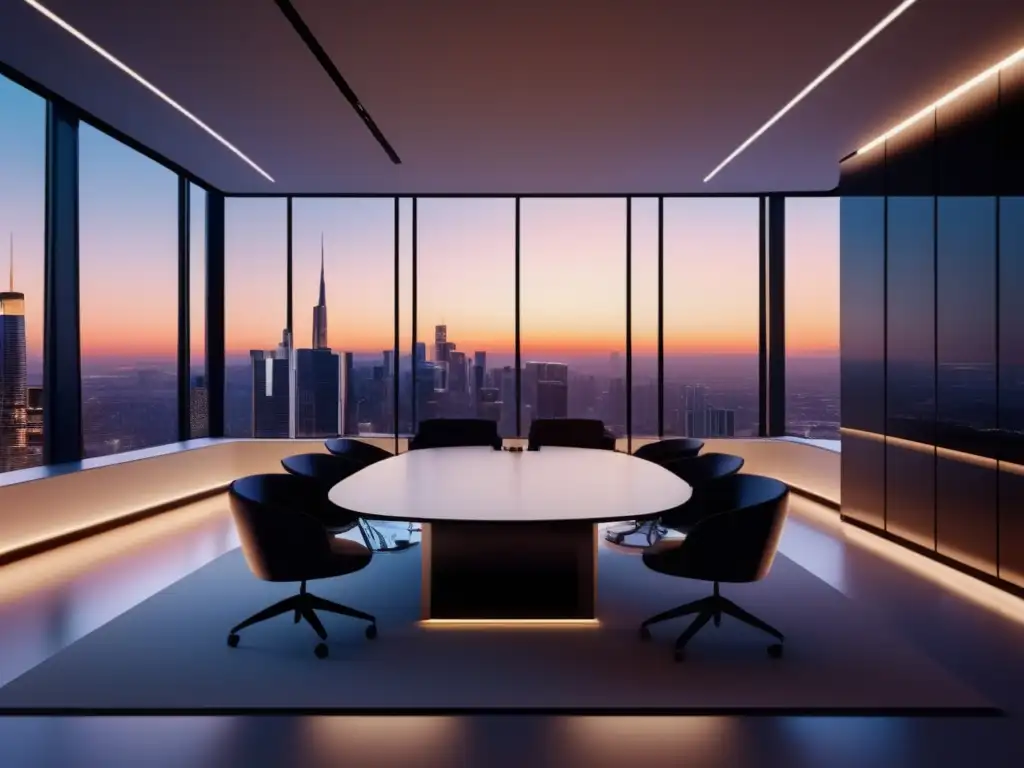 Sala de entrevistas virtual moderna Entrevistas Virtuales con IA: Sala de entrevistas virtual con iluminación ambiental y un holograma de un entrevistador profesional