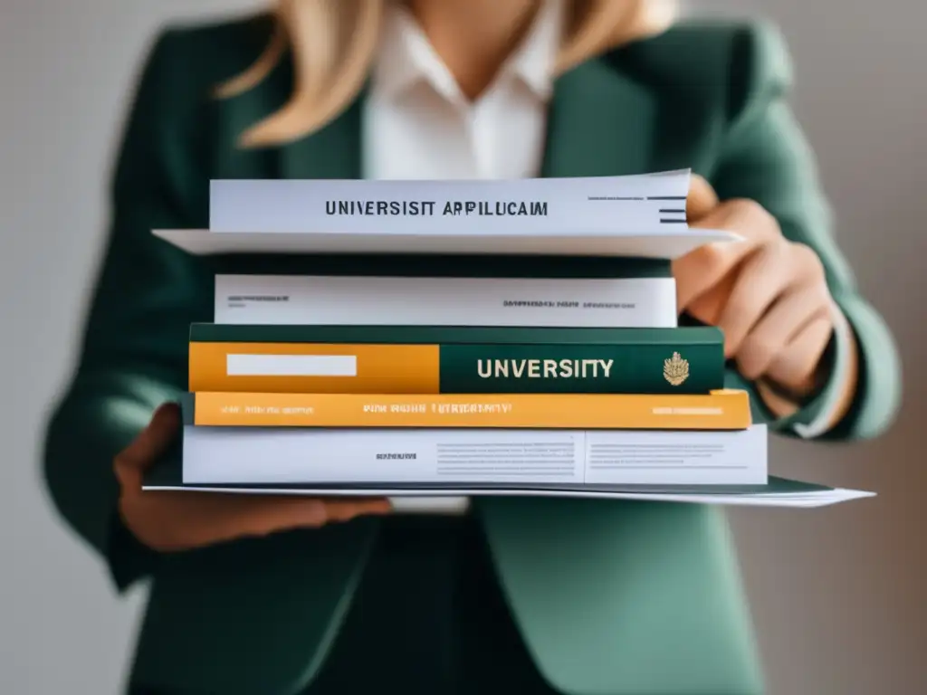 Preparación universitaria: manos sosteniendo documentos Errores fatales entrevistas universitarias - Manos seguras sostienen documentos de solicitud universitaria en tonos profesionales