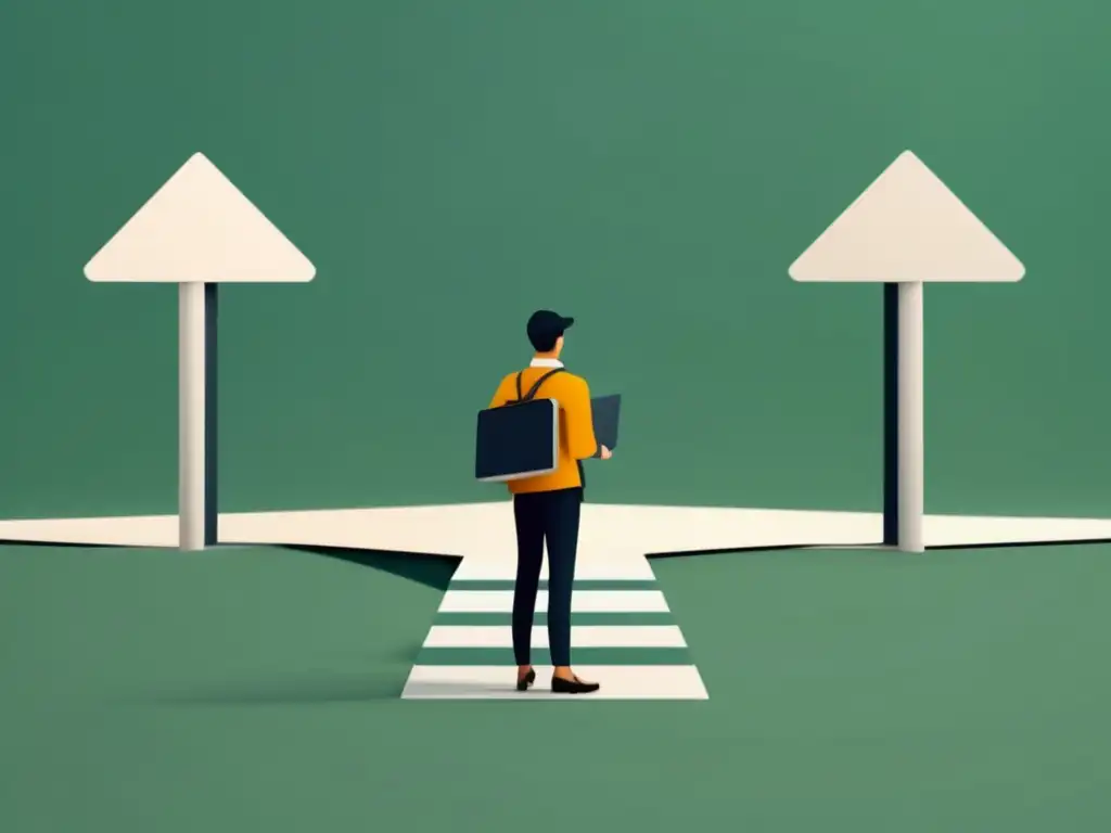 Elección universitaria: errores comunes y consejos Errores legales en admisiones universitarias: persona en cruce de caminos con carpetas y señales