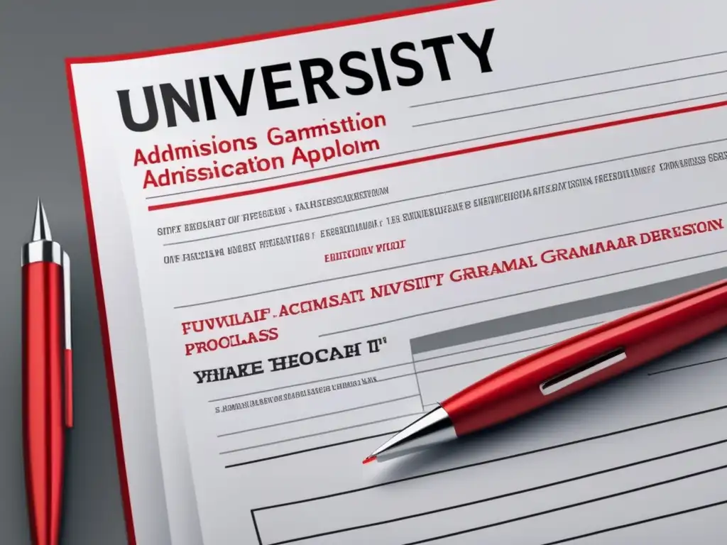 Corrección de error en solicitud de admisión Errores gramática admisión universidad: form minimalista con bolígrafo resaltando error y relevancia de buena gramática (110 caracteres)