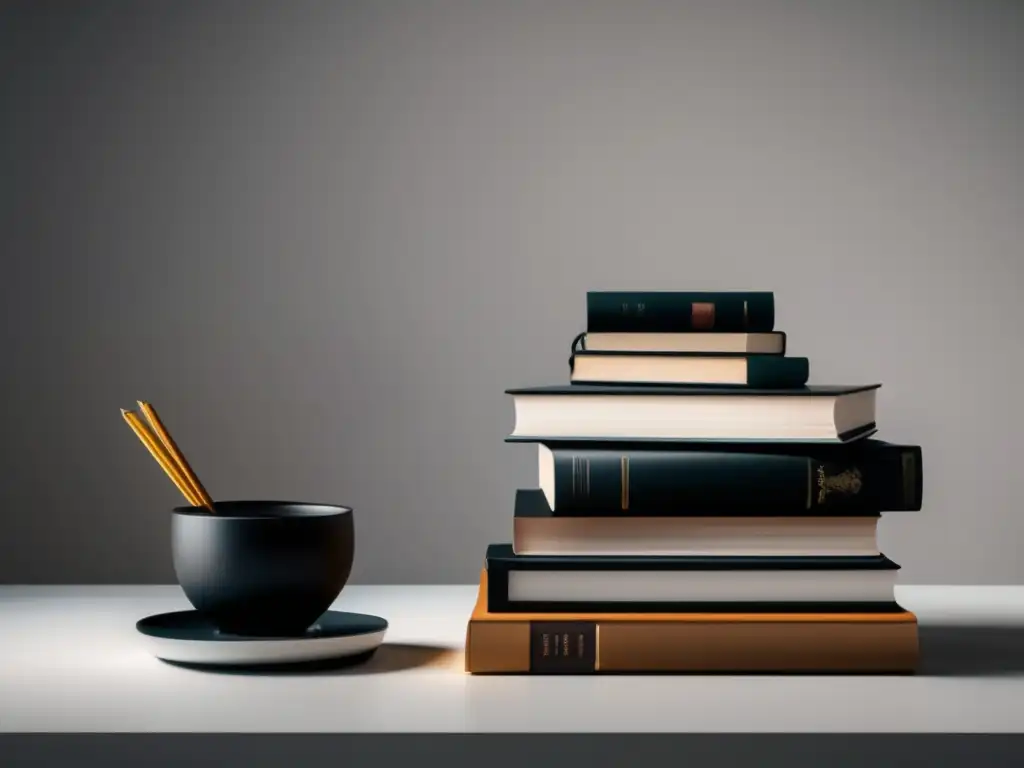 Escena minimalista con escritorio y libros Escena minimalista y moderna: escritorio de madera negra con libros y laptop