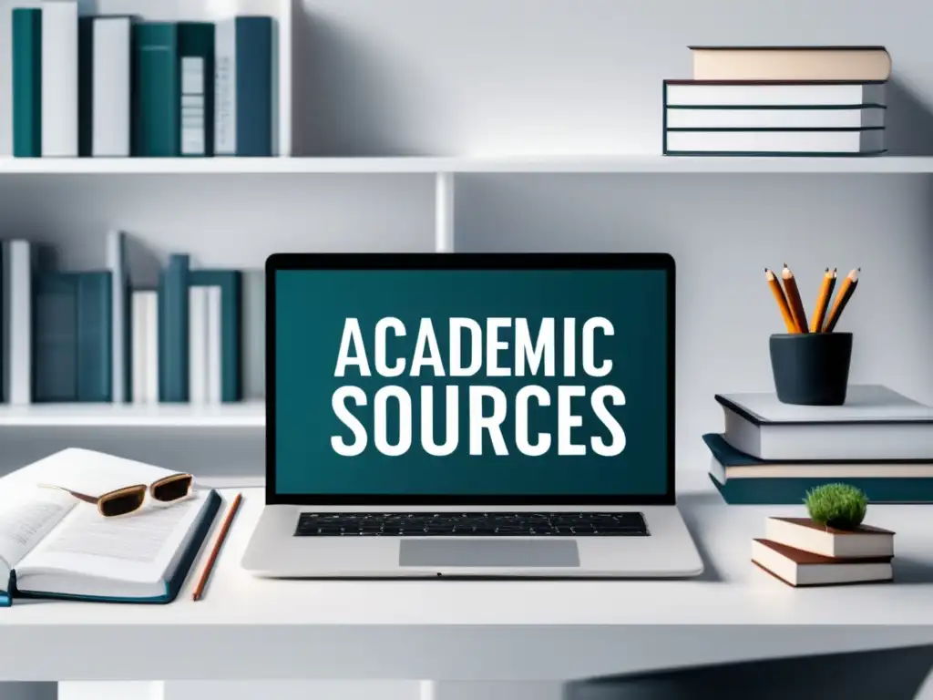 Escena académica minimalista Escena minimalista y moderna con escritorio blanco, laptop, libros y notas - Mejores consejos para ensayo universitario