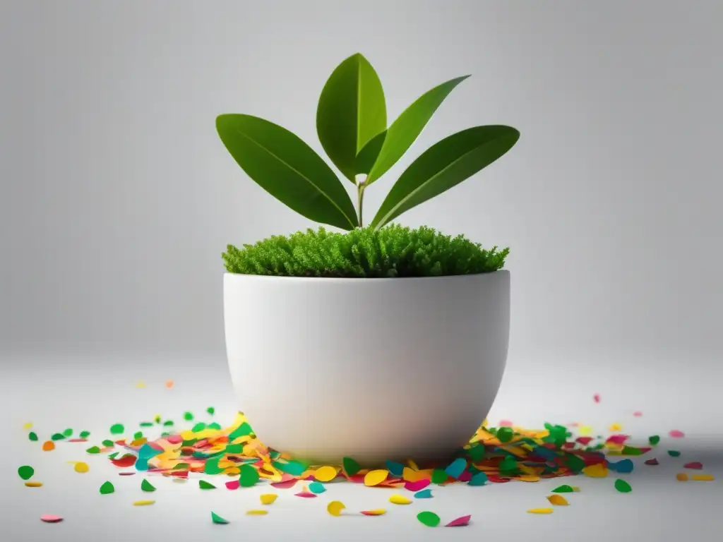 Planta verde vibrante en maceta blanca rodeada de confeti colorido Escena minimalista con planta verde en maceta blanca, rodeada de confeti