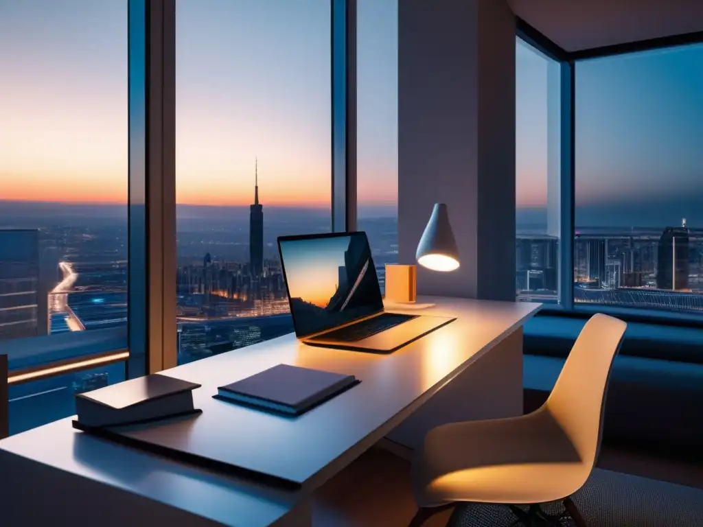 Escena de estudio serena con vista a la ciudad Escena moderna de estudio con estrategias mentales para exámenes de admisión
