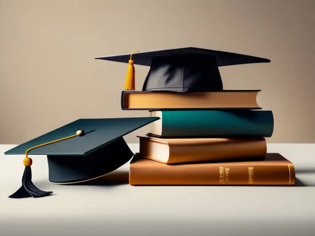 Escena minimalista y moderna con libros y gorro de graduación Escena moderna y minimalista con libros y gorro de graduación