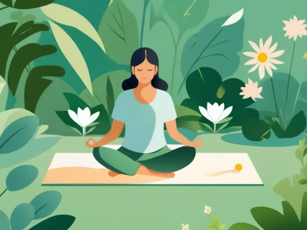 Escena de relajación en jardín tranquilo Escena serena y relajante con persona en yoga y jardín tranquilo