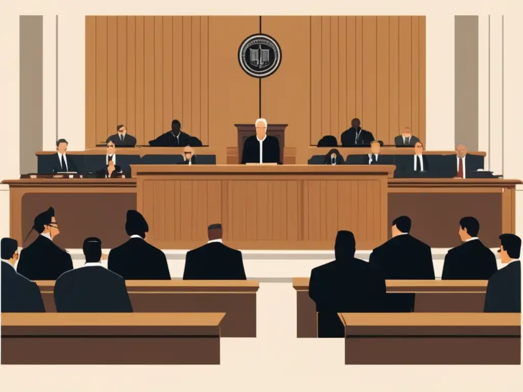 Escena de la corte: Abogados y juez Escena de tribunal con juicio y abogados, reflejando problemas legales pruebas estandarizadas SAT