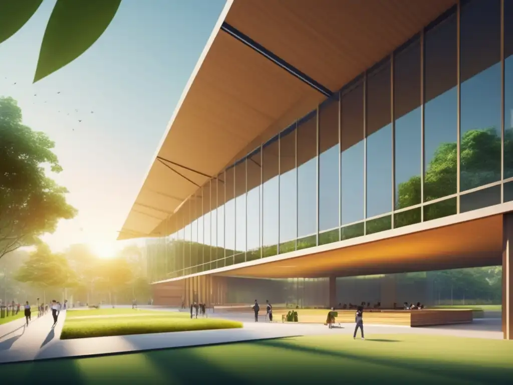 Campus universitario vibrante y moderno Escena universitaria con arquitectura geométrica, verde exuberante y estudiantes participando