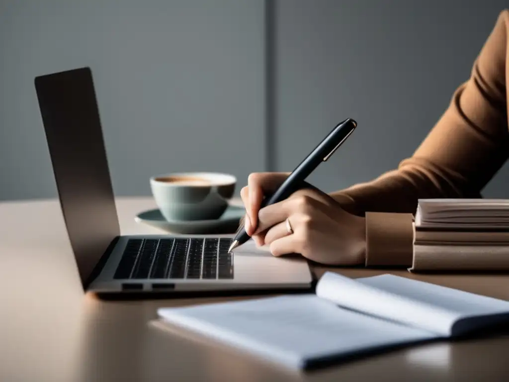 Persona editando en escritorio Un escritor enfocado y organizado en su escritorio, editando y refinando su trabajo con consejos universitarios