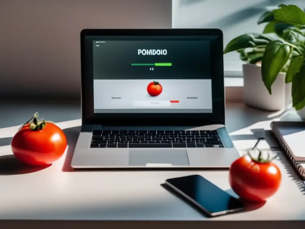 Escritorio organizado y productivo con técnica Pomodoro Escritorio blanco con laptop, timer en forma de tomate y notas organizadas
