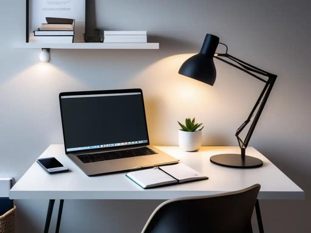Espacio de estudio minimalista y organizado Escritorio blanco minimalista con agenda, metas claras, y materiales de estudio