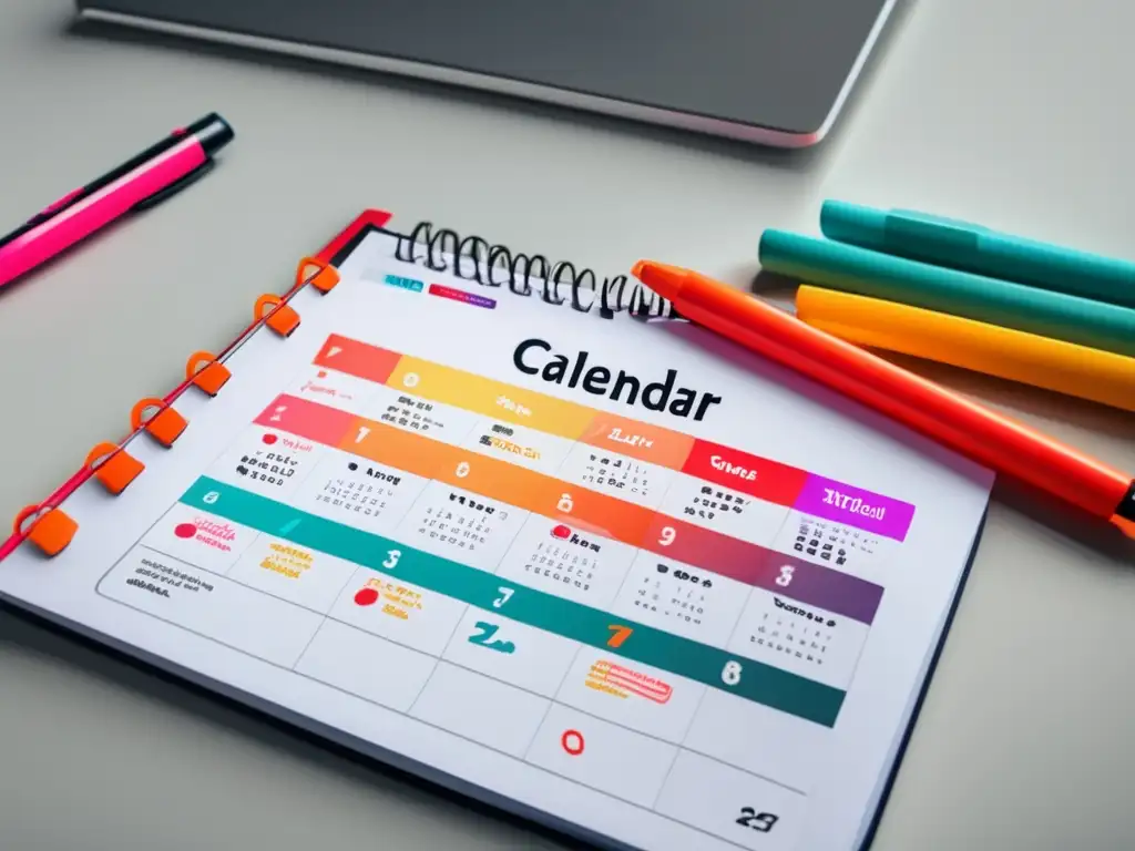 Escritorio minimalista y organizado con calendario, notas y marcadores Escritorio blanco minimalista con calendario, notas y marcadores