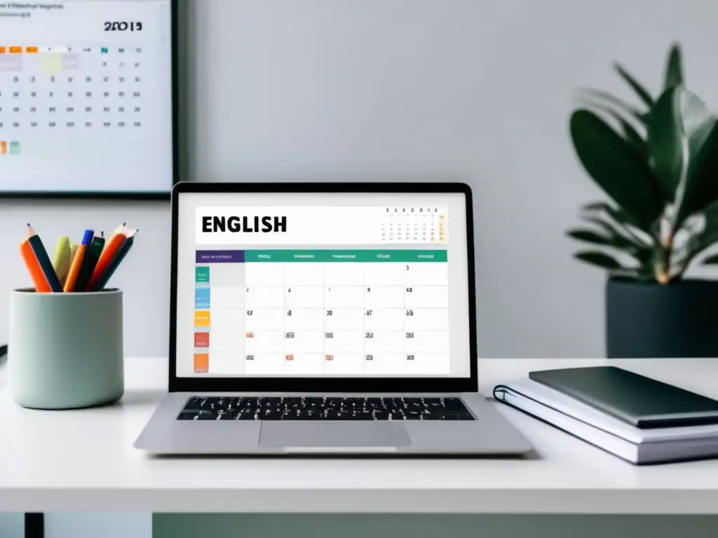 Escritorio minimalista con plan de estudio personalizado Escritorio blanco minimalista con laptop, plan de estudio personalizado para preparación de inglés universitario