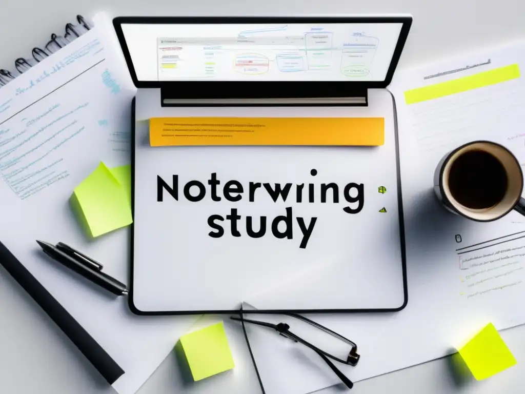 Escritorio moderno con laptop y notas Escritorio blanco minimalista con laptop, cuaderno y bolígrafo ordenados
