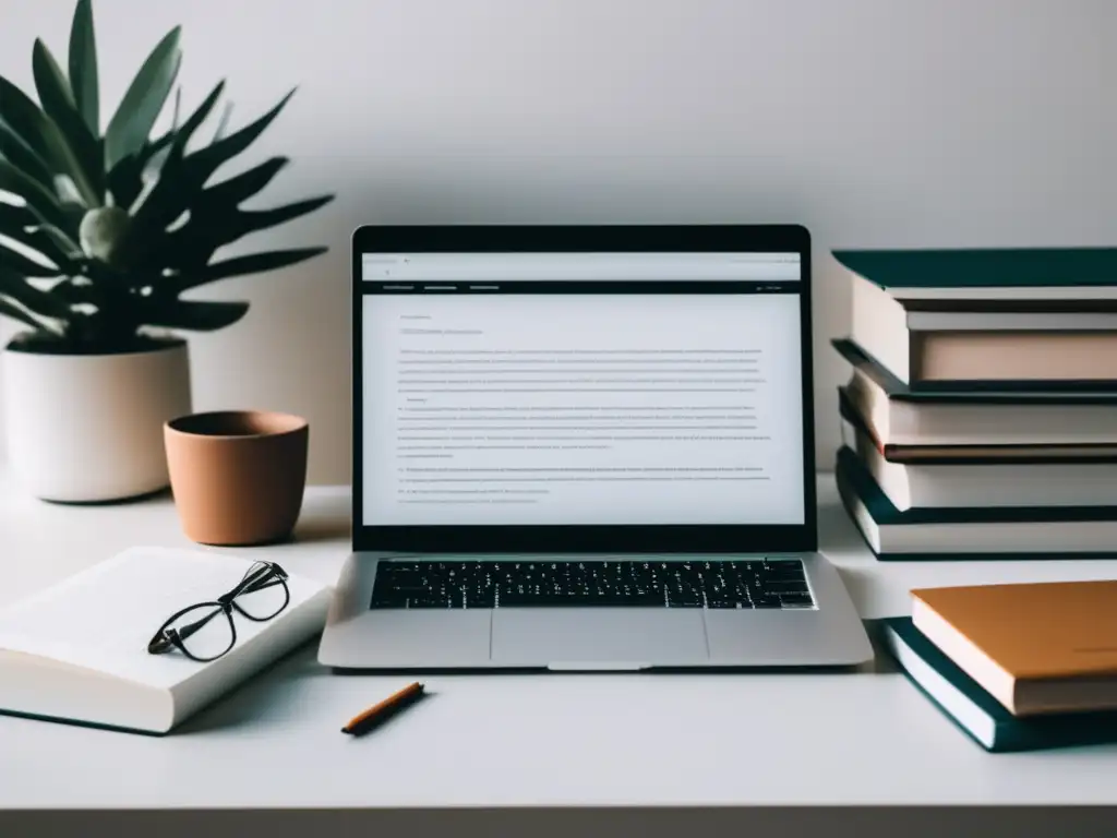 Escritura académica y edición de ensayos Escritorio blanco minimalista con libros y laptop: Mejores consejos para ensayos de admisión