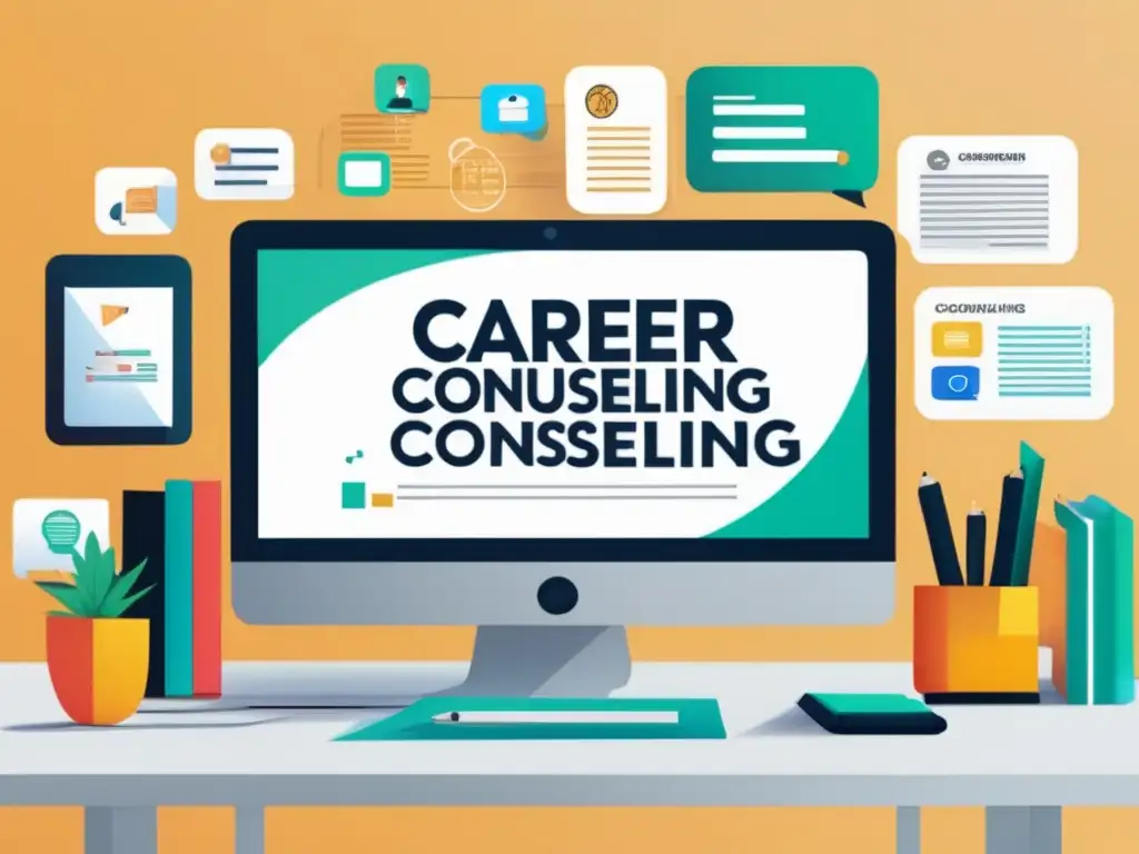 Escritorio blanco con página web de orientación profesional Escritorio blanco con pantalla de computadora mostrando página web de orientación vocacional y iconos de diferentes carreras