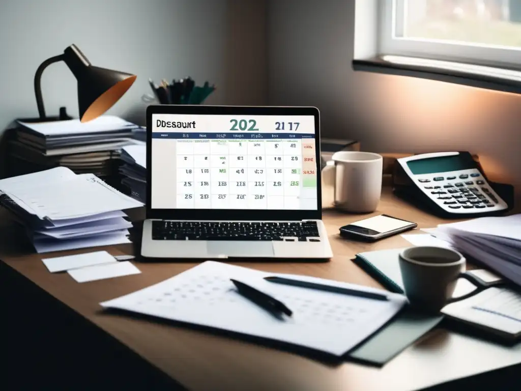 Escritorio desordenado, simbolizando la procrastinación Escritorio desordenado con papeles, bolígrafos y calendario caótico