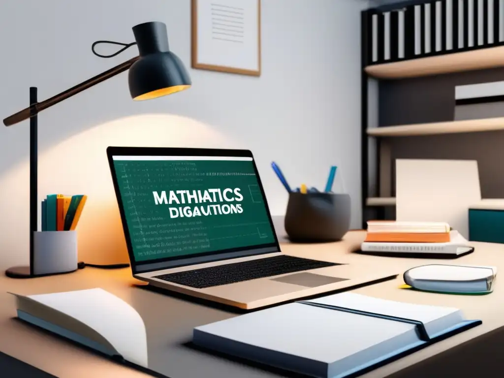 Escritorio de estudio organizado y moderno Escritorio de estudio limpio y moderno con libros de matemáticas y lámpara minimalista