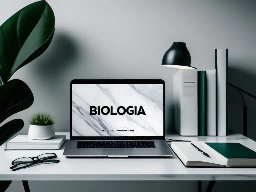 Escritorio moderno de estudio con biología y laptop Escritorio de estudio minimalista con libros de biología y laptop lista para estudiar