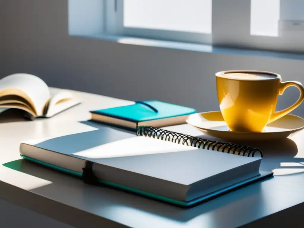 Organización y productividad en un escritorio minimalista Escritorio limpio con libros, laptop y café - Estrategias repaso final exámenes universitarios