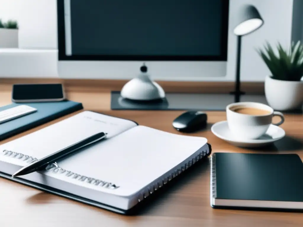 Escritorio minimalista y organizado Escritorio minimalista con agenda y laptop en habitación bien iluminada