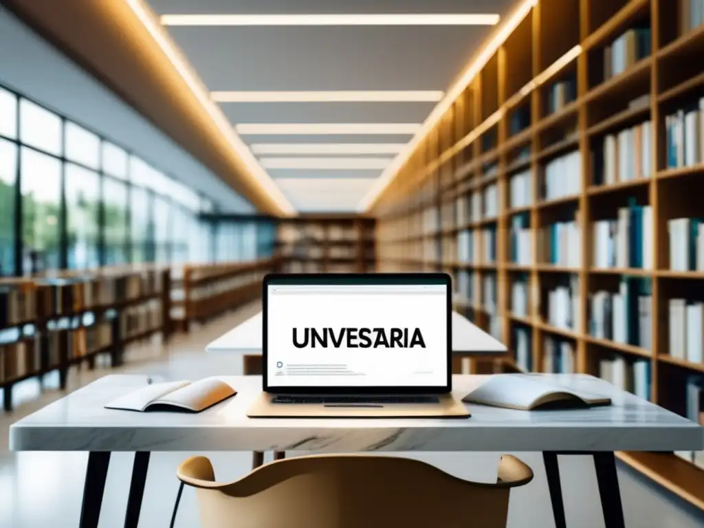 Escritorio minimalista en biblioteca universitaria Escritorio minimalista en biblioteca universitaria con laptop, libro