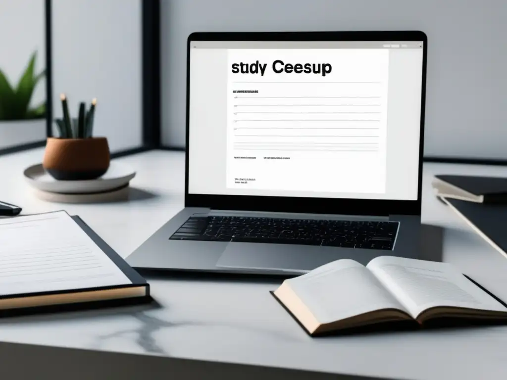 Escritorio minimalista y moderno para estudiar Escritorio minimalista de mármol blanco y laptop plateada - Preparación exámenes admisión universitaria